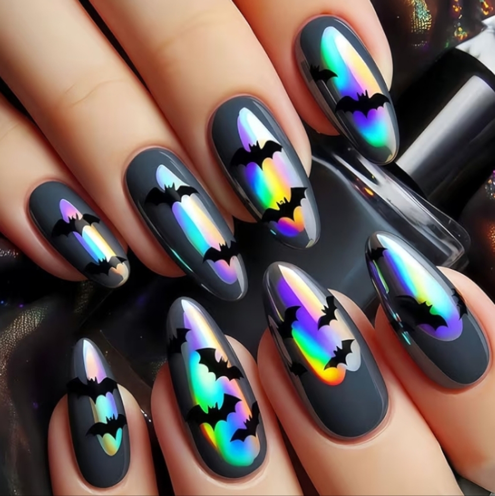 2/$10 Holographic Rainbow Bat False Nail Art Set on Matte Black